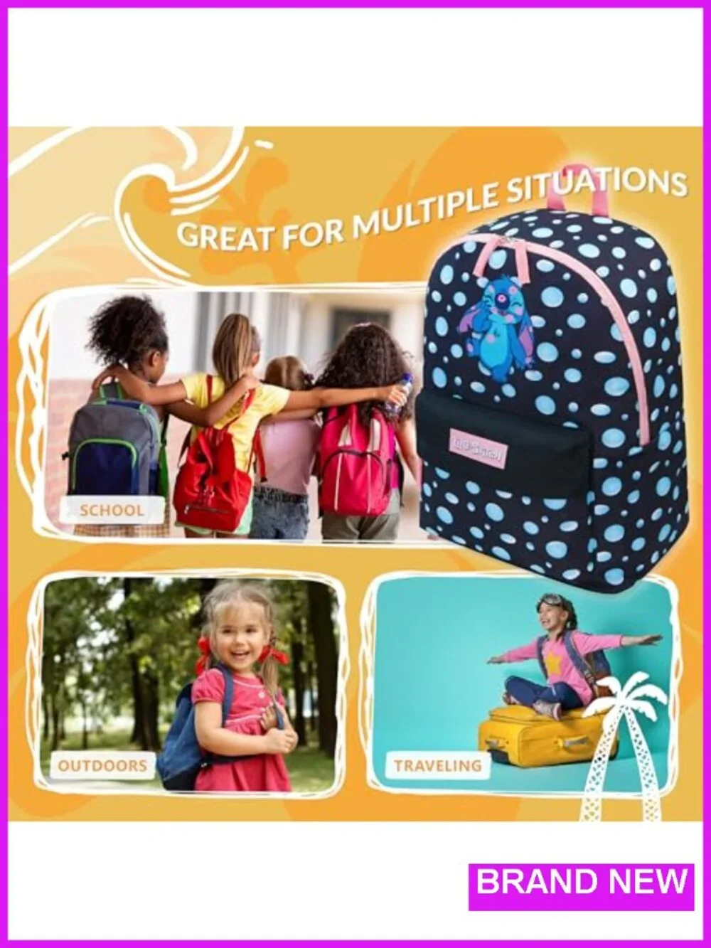 Kids Stitch Backpack for School with Padded Straps and Front Pocket